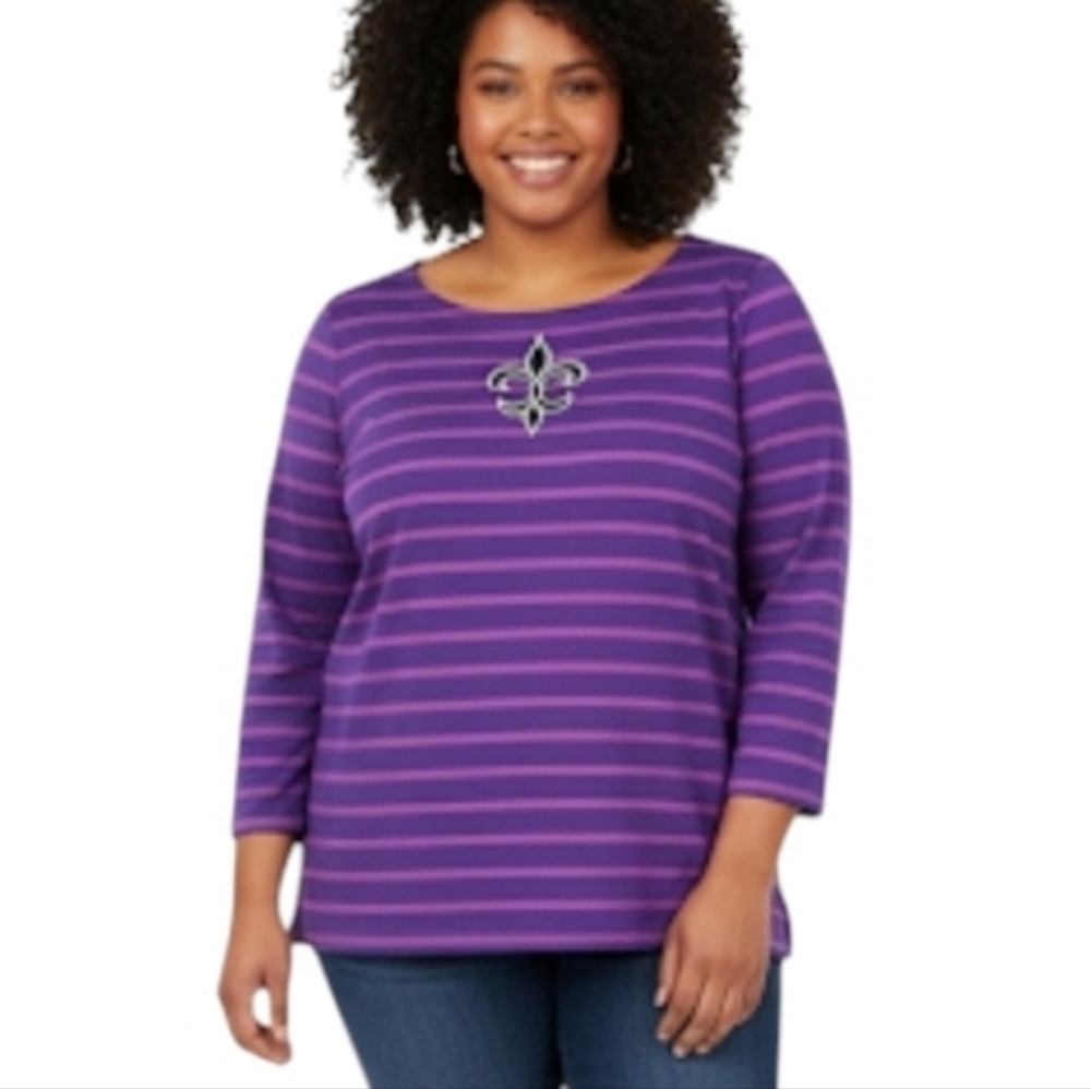 Bob Mackie Long Sleeve Purple and Pink Striped Fleur De Lis Tee